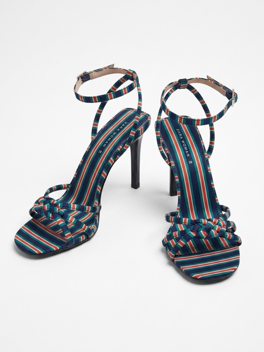 Zara Woman Multi Color Striped Braided Ankle Strap Stiletto Heels - Size 9 / 40